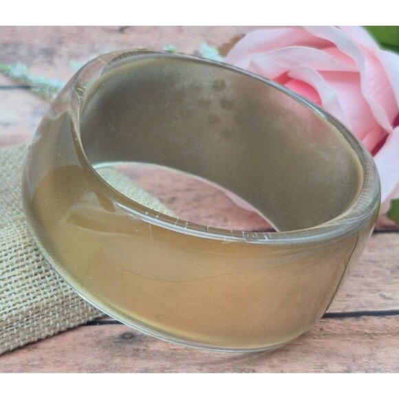 Vintage Asymmetrical Gold Brown Chunky Wide Lucite Bangle Bracelet Rhinestones - Picture 2 of 8